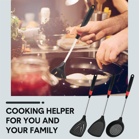 3 Pieces Silicone Stainless Steel Turner Spatula Set Includes Flexible Silicone Wok Spatula Slotted Spatula Skimmer Slotted Spoon for Nonstick Coo...