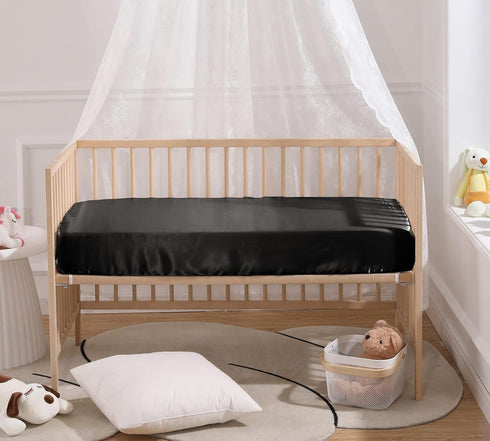 SiinvdaBZX Satin Crib Sheets for Boys, Silky Soft Black Crib Fitted Sheets for Standard Crib and Toddler Mattress, 28 x 52 x 8In (Pack of 1)...