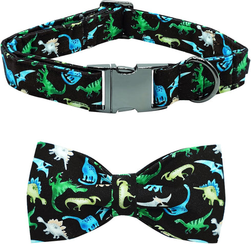 Dog Collar Dinosaur Print Pet Collar Soft Cute Dog Collar with Bow Tie Adjustable Metal Buckle Collar Gift Collar for Small Dogs...