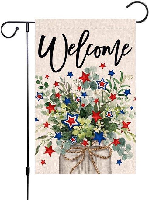 4th of July Floral Summer Garden Flag 12x18 Inch Double Sided Patriotic Mason Jar Flowers Independence Day Yard Flag(D)...