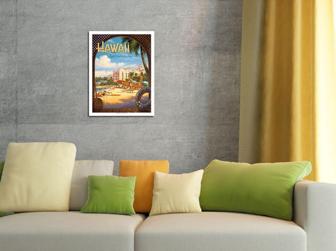 Hawaii Land of Surf & Sunshine - Waikiki Beach - Royal Hawaiian Hotel - Vintage Hawaiian Travel Poster by Kerne Erickson - Fine Art Matte Paper Pr...