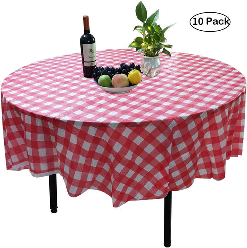 10 Pack Round Plastic Checkered BBQ Tablecloth -Red & White Checkered Gingham Tablecloth -Plastic Picnic Table Covers (Round 84 inch)...