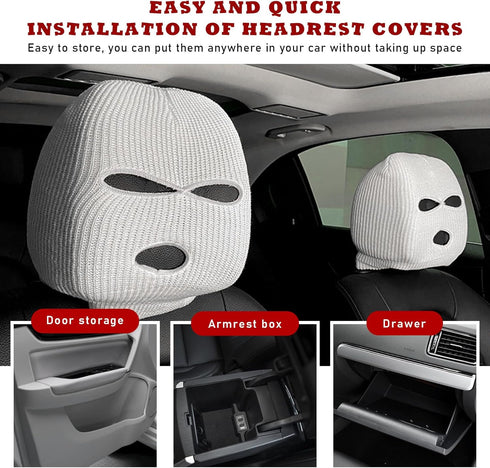 2 PCS Car Headrest Cover, Personalized Funny Car Seat Full Face Mask, Ski Mask Wrap Protection for Auto Front Seat Rest Decoration, Universal Inte...