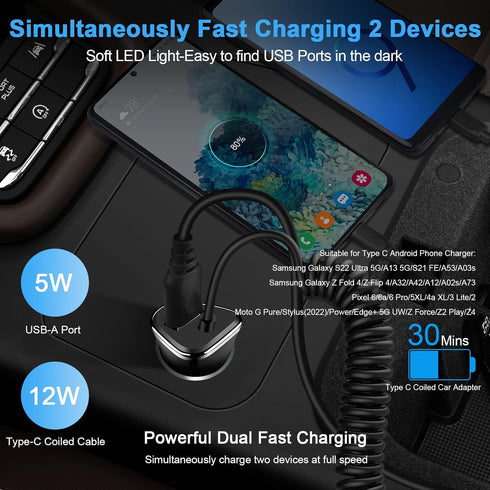 Fast Car Charger Pixel 7 Type C Car Plug Android USB C Cigarette Lighter Car Adapter Fast Charging C Coiled Cable for Samsung Galaxy A14 5G/S23/A5...
