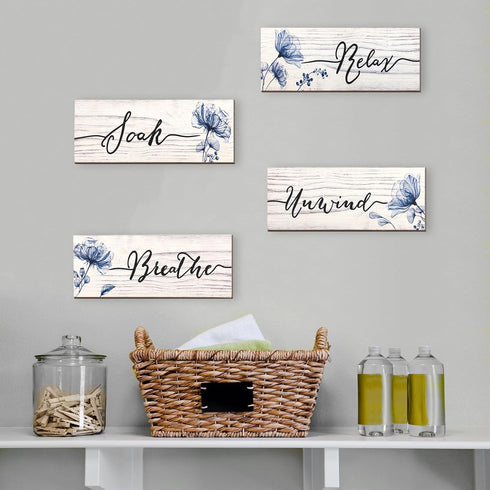 YIGAGNY 4 Pieces Bathroom Wall Decor Wooden Rustic Farmhouse Bathroom Wall Art Hanging Sign 10 x 4 Inch Blue Bathroom Accessories Decor for Spa La...