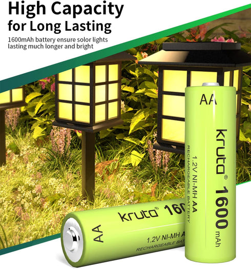 Kruta Ni-MH AA Rechargeable Batteries, Double A 1600mAh High Capacity 1.2V Pre-Charged for Garden Landscaping Outdoor Solar Lights, String Lights,...