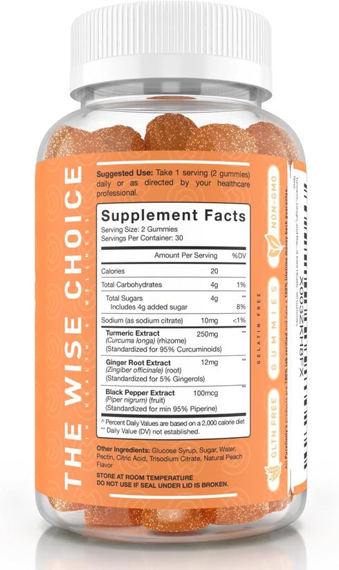 Turmeric Ginger & Black Pepper Gummies for Adults – Turmeric Curcumin Chewables to Support Joint Health, Delicious Peach Flavor – Gluten Free, Veg...