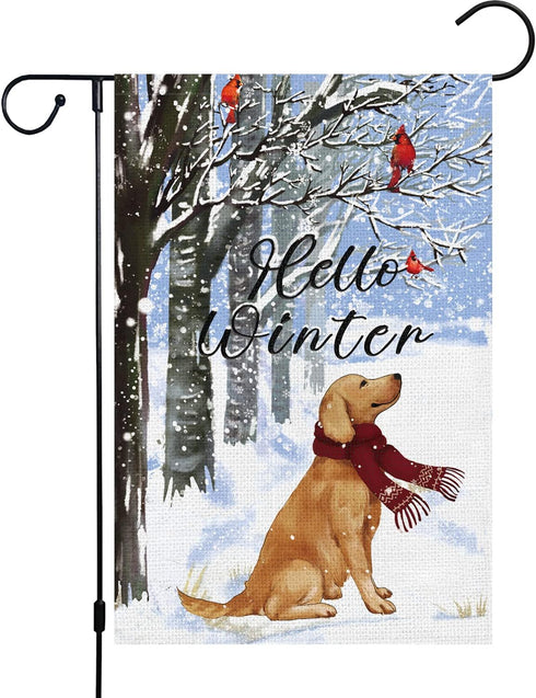Louise Maelys Hello Winter Golden Dog Garden Flag 12x18 Double Sided, Burlap Farmhouse Small Cardinal Retriever Garden Yard Flags for Winter Seaso...