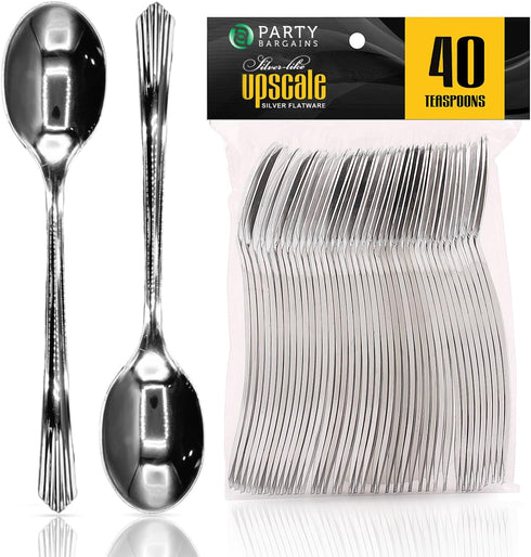 Party Bargains Disposable Upscale Collection Tea Spoons, 40 Count, Silver, Plastic Flatware Cutlery Utensils, Excellent for Birthdays, Parties, Bu...