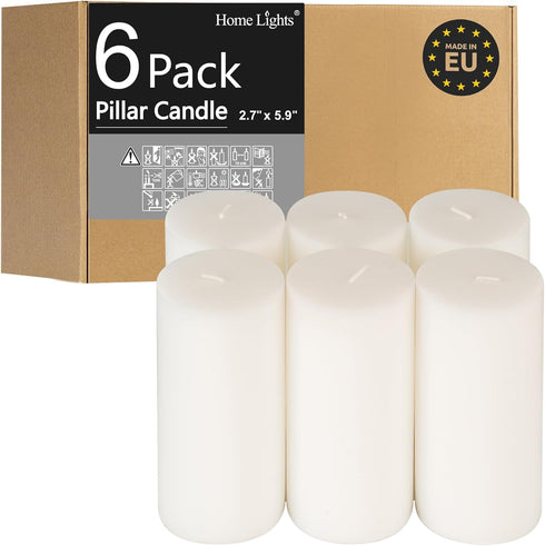 HomeLights Pillar Candles - 2.7x6 inch | 60 Hours Burning, 6 Count - White Unscented Smokeless European Pillar Candles - Perfect for Wedding, Part...