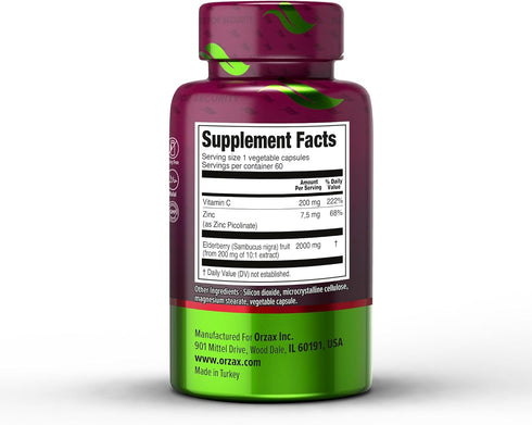 ORZAX Elderberry Capsules - Immune Support Supplement with Elderberry Vitamin C and Zinc - Antioxidants Supplement for Women and Men (60 Vegetable...