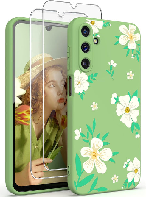 for Samsung Galaxy A15 5G Case, Girls Women Florals Liquid Silicone Phone Case, Shockproof Anti-Scratch Soft Protection Case with 2X Screen Protec...