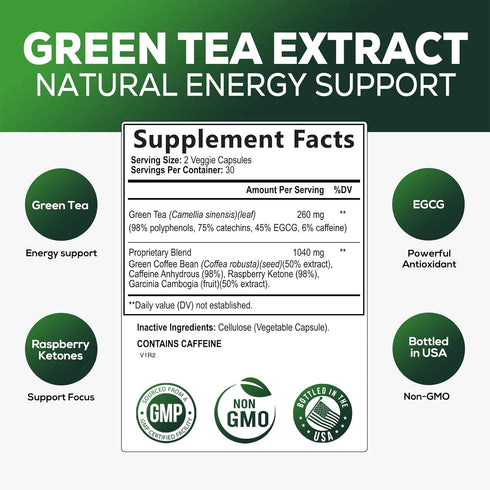 Green Tea Extract Pills - 98% Standardized EGCG 1300mg for Natural Extra Strength Energy - Supports Heart & Antioxidant Health Herbal & Immune Sup...