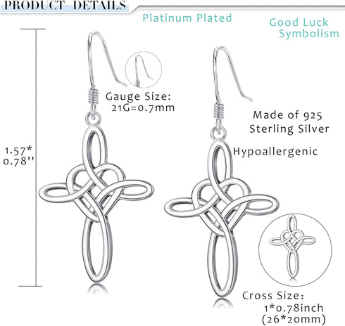 Sllaiss Sterling Silver Celtic Knot Cross Dangle Earrings White Gold Plated Good Luck Vintage Cross Drop Earrings Irish Jewelry...