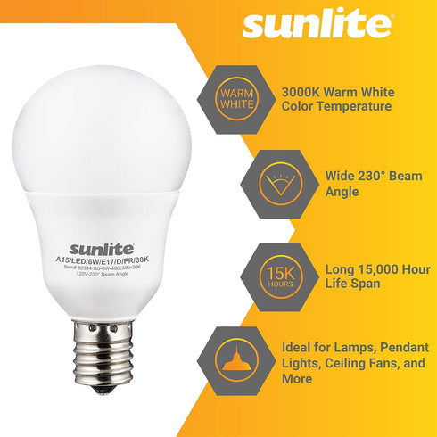 Sunlite 80334-SU LED A15 Light Bulb, 6 Watts (40W Equivalent), Intermediate Base (E17), 480 Lumens, Dimmable, Frosted Finish, ETL Listed, 1 Count,...