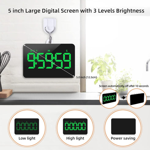 Rechargeable Digital Kitchen Timer for Cooking, Magnetic Timers with Countdown/up, Kids Timer with 5”LED Display 3 Brightness 4 Volume Adjustable ...