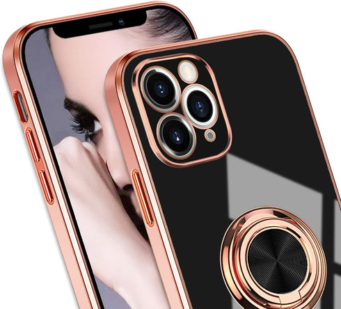 Omorro Compatible with Rose Gold iPhone 13 Pro Max Case for Women Girls Kickstand Ring Holder 360 Rotation Ring Glitter Plating Edge Work with Mag...