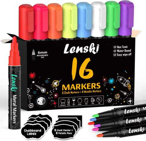 Lenski Chalk Markers, Art Supplies for Kids, 16 Chalkboard Markers, Washable Markers, Liquid Chalk Markers for Glass, Chalk Markers for Chalkboard...