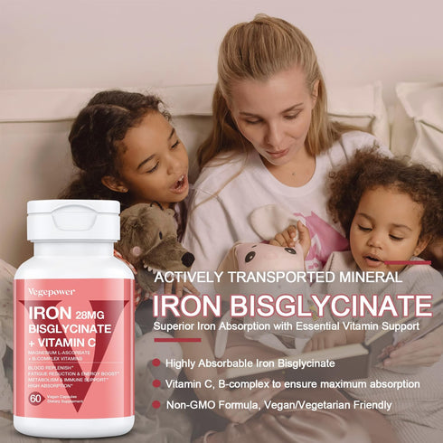 Iron Supplements for Women, Vegan Iron Bisglycinate 28mg Plus Vitamin C, Folic Acid - Iron Pills for Anemia, Iron Deficiency & Energy Support - Hi...