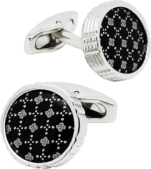 Round Black Cufflinks with Floral Patterns for Men Lady In Gift Case Classic Silver Tone Men's Cufflinks Jewelry Set for Wedding Anniversary Busin...