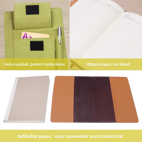 Refillable Lined Leather Journal Notebook, A5 Size Journal for Women Men,100gsm 200 Pages Thick Paper Notebooks with Front Pockets and Pen Pocket,...