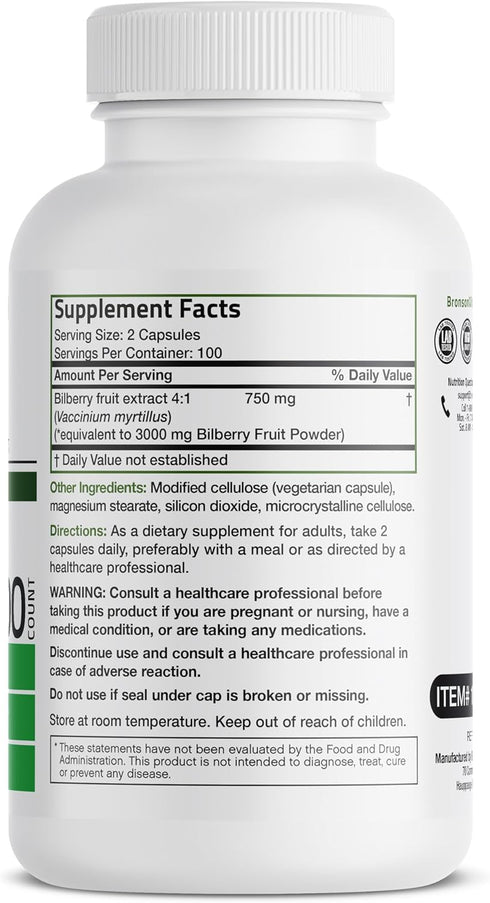 Bronson Bilberry Extra Strength Vaccinium Myrtillus, Promotes Eye Health and Supports Healthy Vision - Non GMO, 200 Vegetarian Capsules...