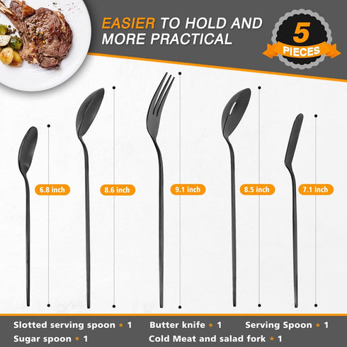 5-Piece Matte Black Serving Utensils Set, Stainless Steel Flatware Serving Set Include Spoon?Fork, Butter Knife and Slotted Spoon?Satin Finish, Di...