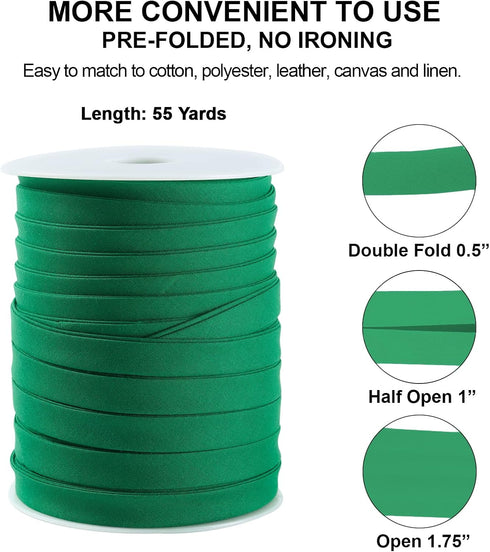 Bias Tape Double Fold 1/2 inch, Double Fold Bias Binding Tape 55 Yards (Green) and 4 Pieces Sewing Fabric Chalks for Crafts, Sewing, Seaming, Hemm...