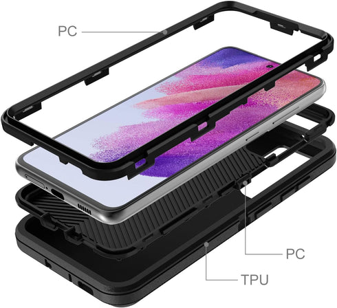 MMY Case for Samsung Galaxy S21 FE Case + Tempered Glass Screen Protector Heavy Duty Shockproof Drop Dust Proof 3 in 1 Defender Black...