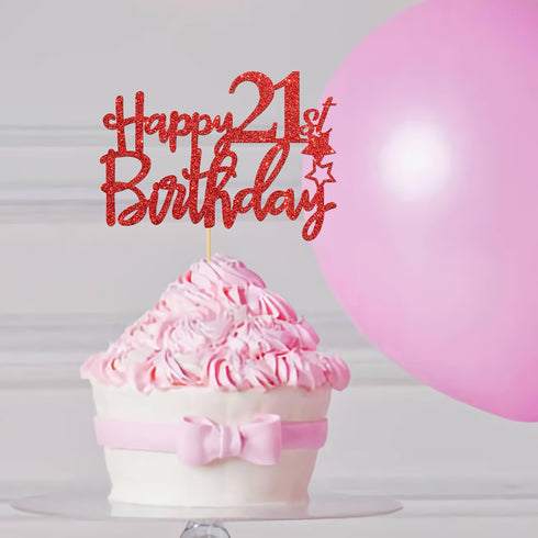 Red Glitter Happy 21st Birthday Cake Topper - 21Sign Cake Topper - Cheers to 21 Years Party Supplies - 21st Birthday Party Decorations...
