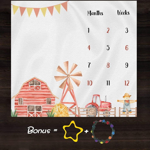 Farm Theme Baby Monthly Milestone Blanket, 48x40in Soft Flannel, Tractor and Barn Backgrounds, Newborn Mom Gifts, Baby Shower Age Growth Tracker w...