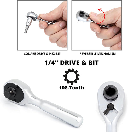 Neiko 03002A Stubby Ratchet, 1/4 Inch Ratchet Wrench and Bit Driver, 108-Tooth Reversible Ratchet, 3.3 Degree, Mini 1/4 Ratchet Drive, Oval Head W...