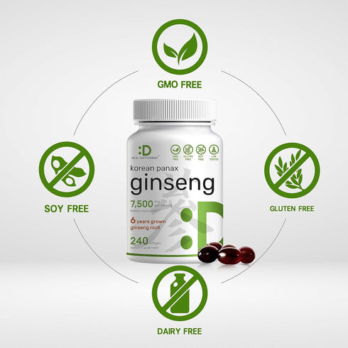 Korean Red Panax Ginseng Root Extract, 7,500mg Per Serving, 240 Softgels – 150mg Active Ginsenosides, 5:1 Max Strength Extract – Energy & Immune H...