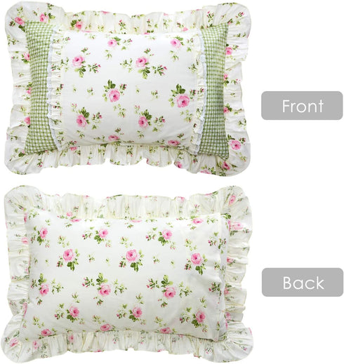 FADFAY Farmhouse Style Pillowcases Pink Rosetta Printed Gold with Green Plaid Elegant Country Style 100% Cotton Vintage Lace Ruffles Bedding Pillo...