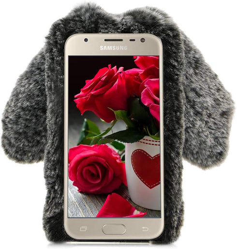 LCHDA Rabbit Case for Samsung Galaxy J3 2018, Cute 3D Bunny Ears Soft Furry Hairball Fuzzy Winter Warm Faux Fur Plush Fluffy Flexible TPU Bumper P...