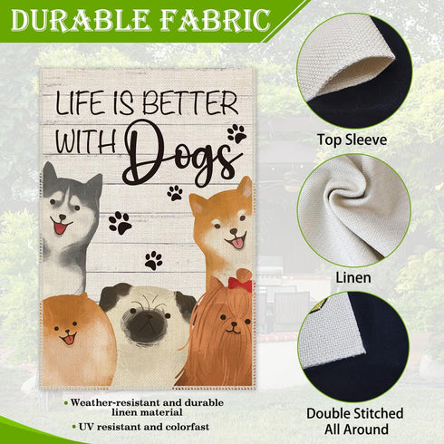 Life is Better with Dogs Husky Shiba Inu Garden Flag, 12 x 18 Inch Double Sided Holiday Yard Outdoor Farmhouse Flag, Garden Flag with Dog, Dog Lov...