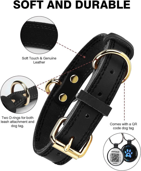 Joytale Leather Dog Collars for Small Dogs, Genuine Heavy Duty Dog Collar with QR ID Tag, Soft Metal Buckle Collars, Black, S...