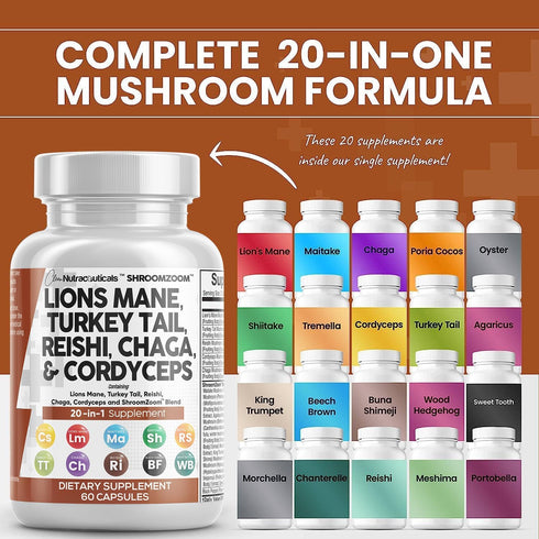 Clean Nutraceuticals Lions Mane 3000mg 20in1 Mushroom Supplement with Turkey Tail 2000mg Reishi 1000mg Cordyceps Chaga 1000mg Maitake Meshima Pori...