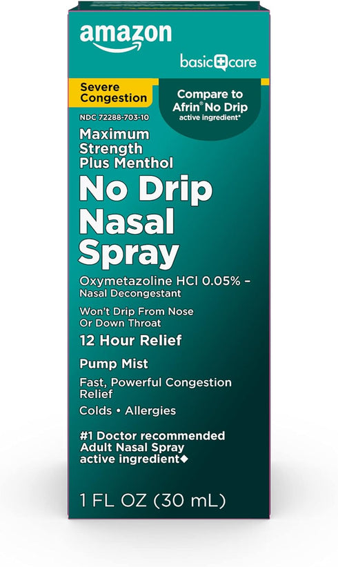 Amazon Basic Care No Drip Severe Congestion Nasal Pump Mist Spray, 12 Hour Relief, Oxymetazoline HCl, Maximum Strength Plus Menthol, Steroid Free,...