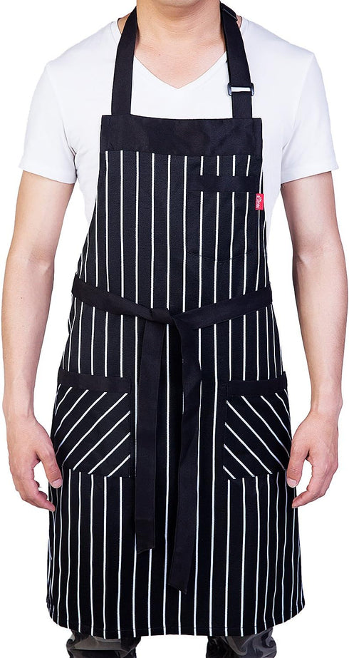 Aprons for Women and Men, Kitchen Chef Apron with 3 Pockets and 40" Long Ties, Adjustable Bib Apron for Cooking, Serving - 32" x 28" - Black/White...