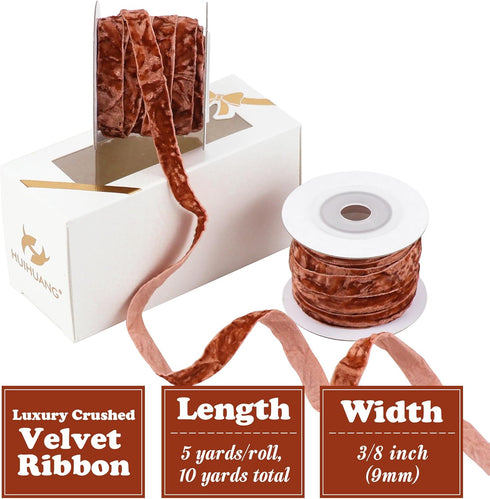 HUIHUANG Rust Red Velvet Ribbon 3/8 inch Crushed Thin Velvet Ribbon for Christmas Tree Ornaments, Gift Wrapping, Wreath Decoration, Invitations, H...