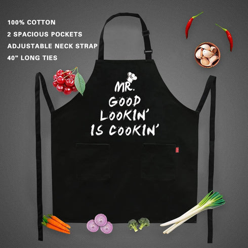 Kitchen Chef Apron - MR. GOOD LOOKIN' IS COOKIN' Funny Aprons for Men Dad - Adjustable Bib Apron with 2 Pockets and 40" Long Ties, Perfect for Coo...