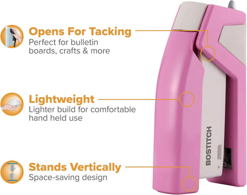 Bostitch Office InCourage Spring-Powered Compact Stapler, BCA Pink (1588), plastic-half strip...