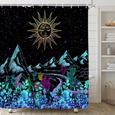 Abstract Mountain Shower Curtain Boho Sun Moon Landscape Night Star Celestial Colorful Flower Cactus Black Unique Modern Fashion Design Gothic Bat...