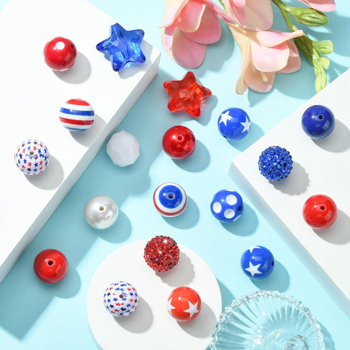 DanLingJewelry 50Pcs Random 20mm Acrylic Round Beads Independence Day Acrylic Beads Red White Blue Spacer Beads for Crafts Jewelry Making...