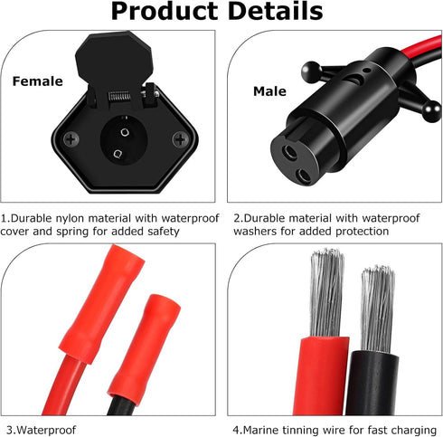 12V 8 Gauge 2 Wires Trolling Motor Plugs and Receptacle Kit Compatible with Minn Kota Marine Boat, Male and Female Trolling Motor Connector Quick ...