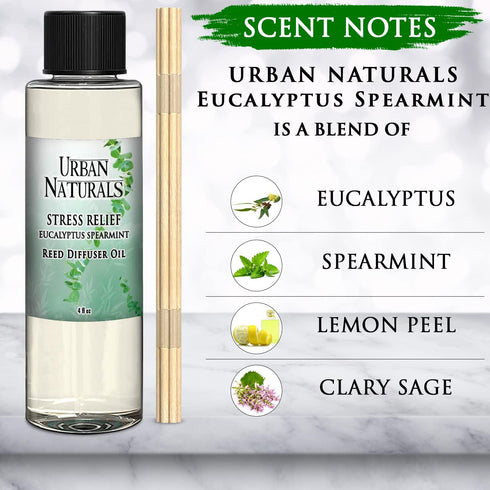 Urban Naturals Stress Relief Eucalyptus Spearmint Reed Diffuser Oil Refill | Fill Your own DIY Diffuser Bottle! Includes Replacement Reed Sticks...