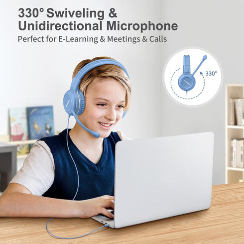 SIMOLIO Kids Headphones Wired with Microphone for Virtual School & Gaming, Safe Volume Cord Headphone with Flexible Rotatable Mic for Boys, Teens,...