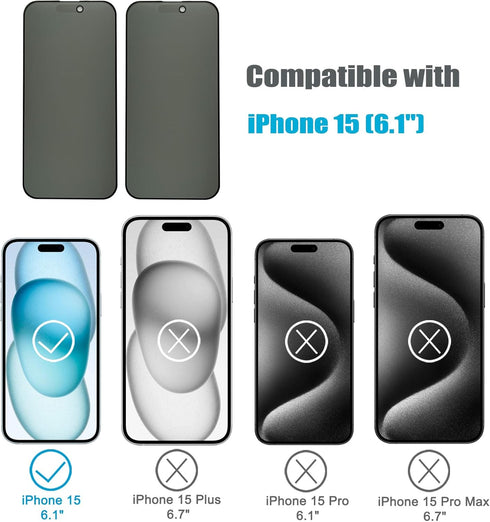 2 Pack Compatible with iPhone 15 Matte Privacy Screen Protector 6.1 Inches, Anti-spy Anti-glare Eye Protection Scratch Resistant Tempered Glass Fi...