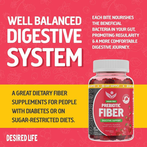 Sugar Free Prebiotic Fiber Gummies for Adults Kids Mixed Berry Flavor Plant Supplement for Women Men, Daily Digestive Health Regularity 60 Count (...